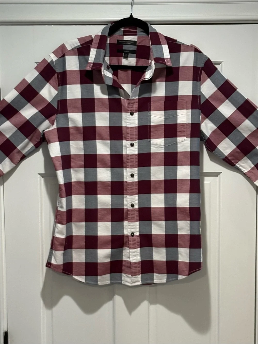 Banana Republic Mens MED SLIM FIT Burgundy& White Check Long Sleeve Button-Down
